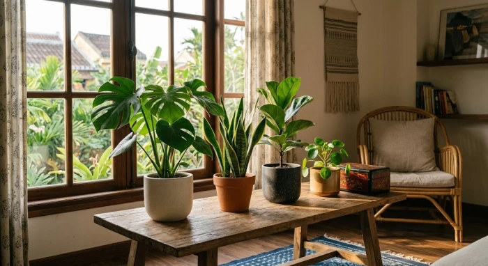 Các mẫu cây trồng trong nhà hợp tuổi Tuất được bố trí đẹp mắt trong không gian phòng khách hiện đại