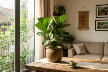 Chậu cây trồng trong nhà hợp tuổi tý với tán lá xanh mướt đặt trên bàn phòng khách đón nắng ban mai
