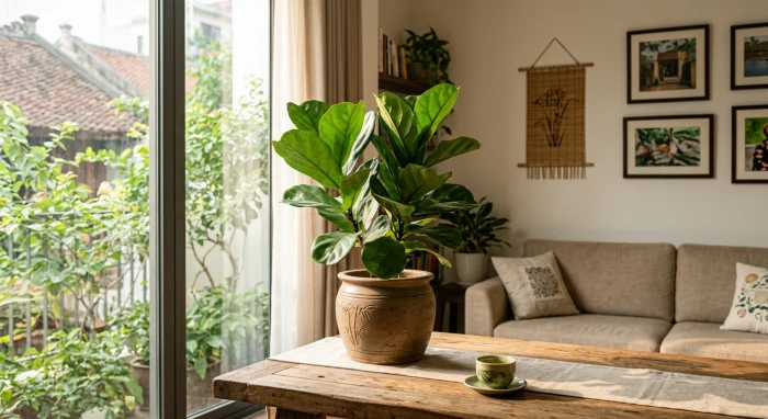 Chậu cây trồng trong nhà hợp tuổi tý với tán lá xanh mướt đặt trên bàn phòng khách đón nắng ban mai