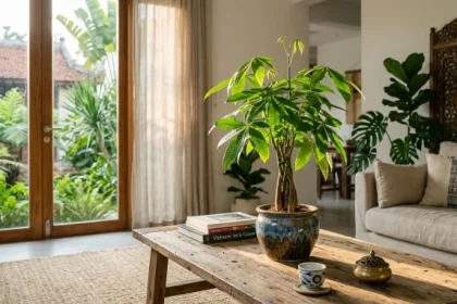 Chậu cây cảnh xanh tươi đặt trên bàn phòng khách làm mẫu cây trồng trong nhà hợp tuổi tỵ giúp gia chủ chiêu tài