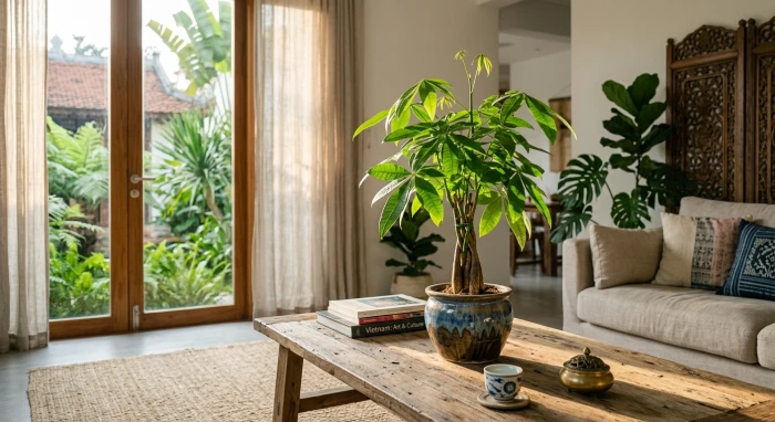 Chậu cây cảnh xanh tươi đặt trên bàn phòng khách làm mẫu cây trồng trong nhà hợp tuổi tỵ giúp gia chủ chiêu tài