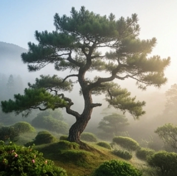 Cây tùng cổ thụ vươn mình mạnh mẽ giữa sương sớm tượng trưng cho bản mệnh Tùng Bách Mộc dẻo dai