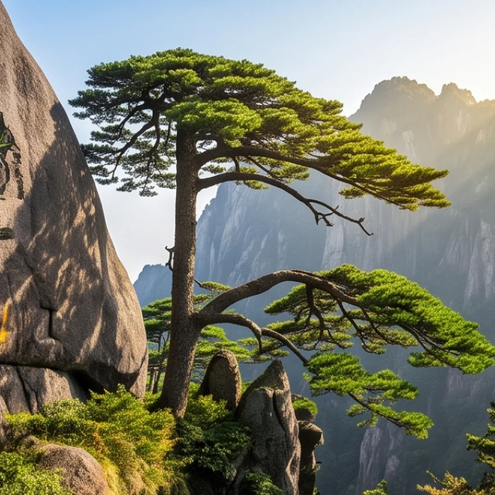 Cây tùng bách xanh tốt vươn dáng hiên ngang trên vách núi đá đón ánh nắng mặt trời