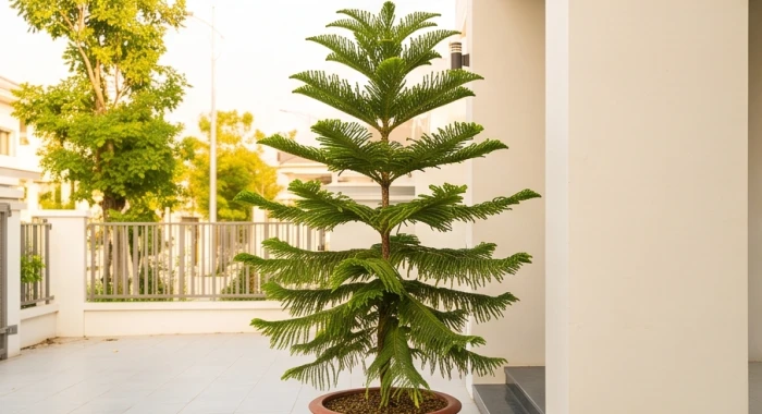 Cây tùng bách tán với nhánh lá xếp tầng xanh thẫm vươn thẳng vững chãi trên sân trước nhà