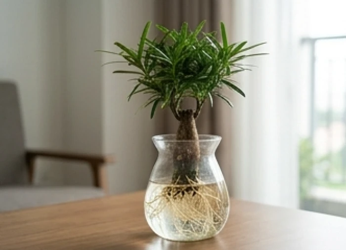 Cây tùng bồng lai được trồng trong bình thủy tinh trong suốt giúp khuếch đại năng lượng Thủy cho gia chủ