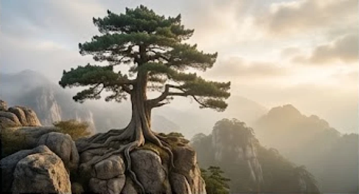 Cây tùng cổ thụ rễ bám sâu vào vách đá núi cao thể hiện nội lực vững vàng của người tuổi Tân Mão ở độ tuổi ngoài 70