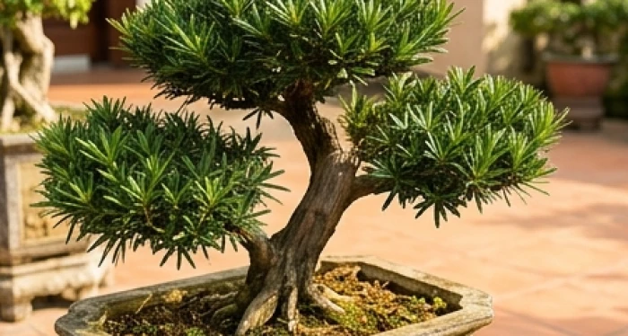 Chậu cây tùng la hán gốc lớn lá kim xanh thẫm vươn thẳng dưới ánh nắng hiên nhà sân vườn