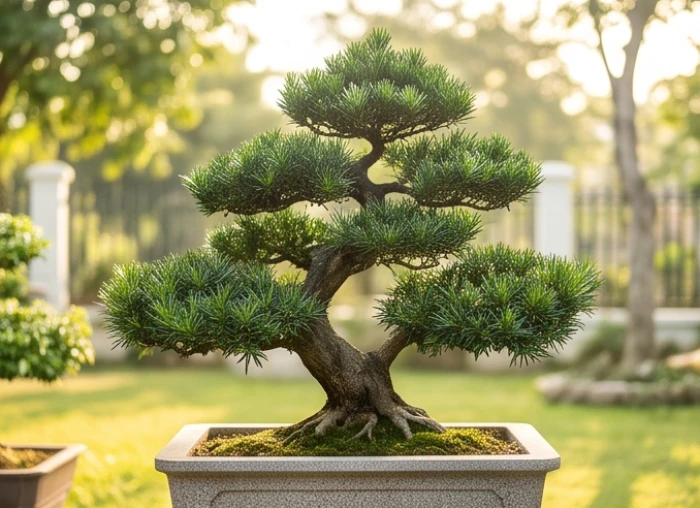 Chậu cây tùng la hán xanh thẫm với dáng trực uy nghi vươn mình khỏe mạnh trong ánh nắng trực tiếp