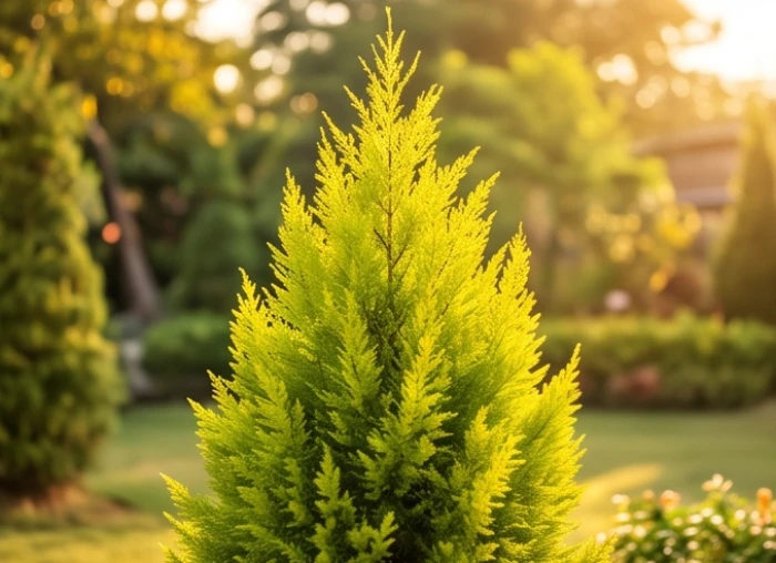 Cây tùng thơm dáng tháp vươn thẳng với sắc lá xanh ngả vàng óng ả hợp với người mệnh Kim