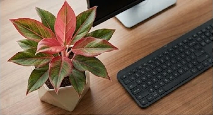 Chậu cây vạn lộc lá hồng rực rỡ trồng trong chậu gốm góc cạnh đặt cạnh máy tính trên bàn người tuổi Đinh Mão