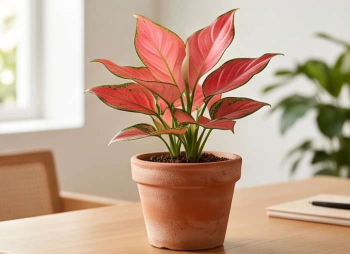 Chậu cây Vạn Lộc với những chiếc lá sắc đỏ rực rỡ được trồng cẩn thận trong chậu gốm sứ đất nung