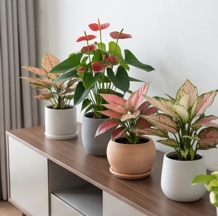 Bộ sưu tập chậu cây hồng môn và vạn lộc màu sắc rực rỡ sắp xếp hài hòa trong phòng khách hiện đại