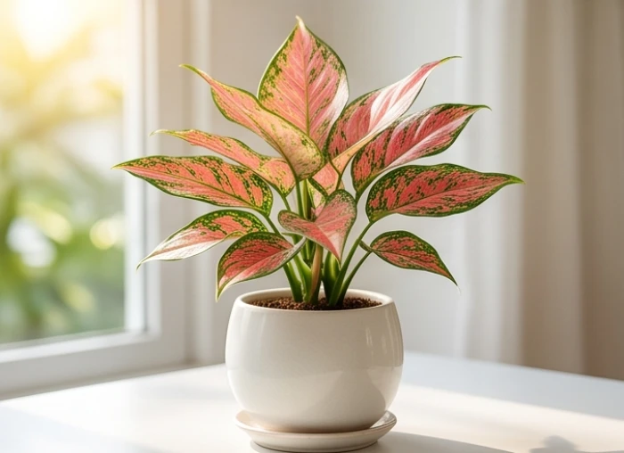 Chậu cây Vạn Lộc với những phiến lá đỏ đốm xanh rực rỡ đặt trong phòng khách dưỡng mệnh Hỏa