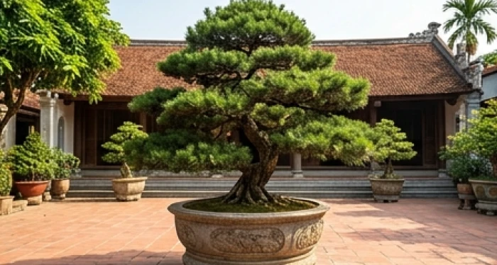 Chậu cây Vạn Niên Tùng dáng thế vững chãi với lớp lá kim xanh ngắt đặt kiêu hãnh giữa khoảng sân gạch tràn ngập nắng gắt