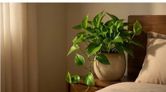 Chậu cây trầu bà xanh tươi được đặt tinh tế ở góc phòng ngủ nhằm tăng cường sinh khí hành Mộc