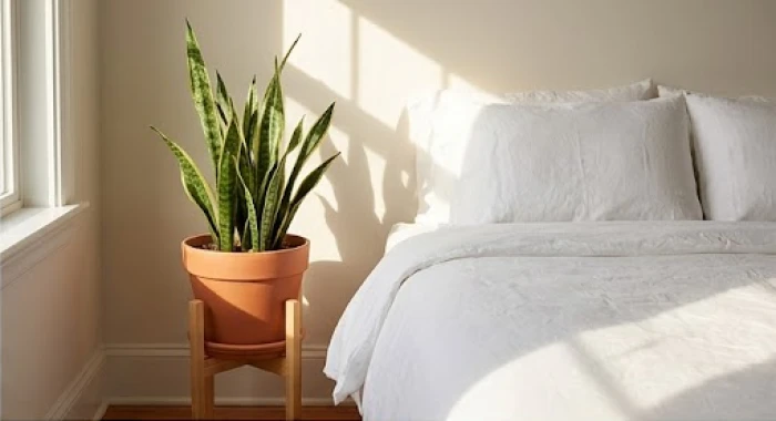 Góc phòng ngủ tràn ngập ánh sáng tự nhiên với chậu cây xanh hành thổ giúp điều hòa không khí