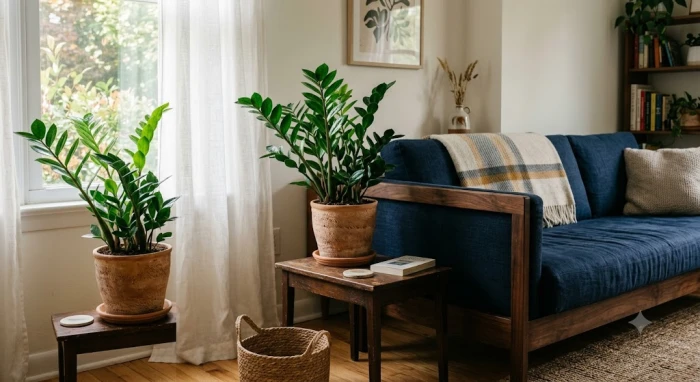 Chậu cây kim tiền xanh tốt đặt cạnh bộ sofa gỗ màu nâu sẫm trong góc phòng khách tĩnh lặng