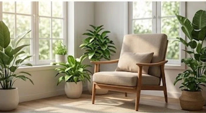 Không gian phòng khách sáng sủa được trang trí bằng nhiều chậu cây xanh tươi tốt