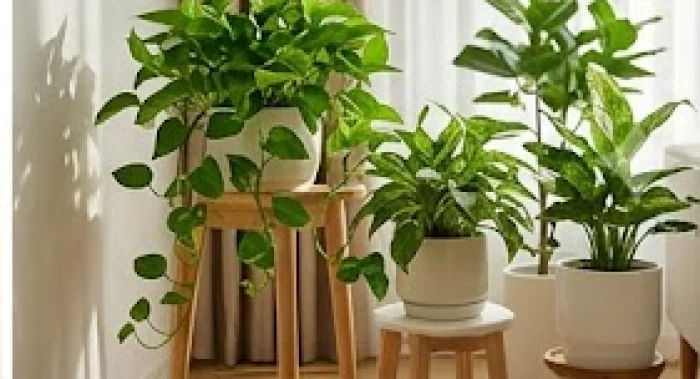 Trang trí cây trầu bà và kim tiền tại góc phòng khách để bổ sung yếu tố mộc cho gia đình