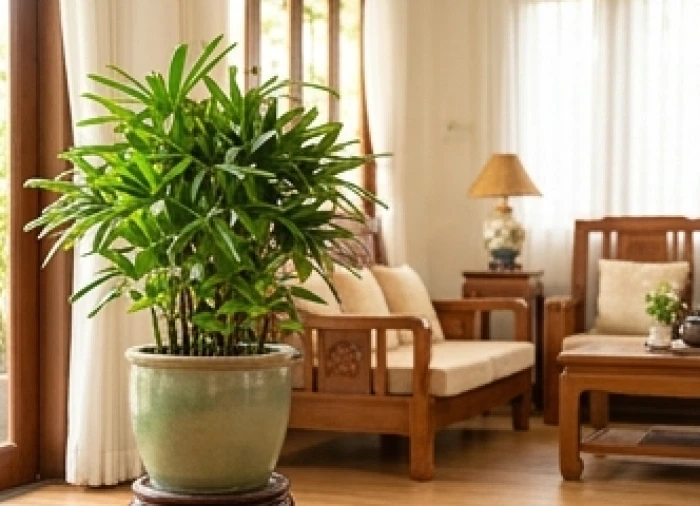 Chậu cây xanh tươi tốt được đặt ở góc Đông Nam của phòng khách nhằm cân bằng năng lượng phong thủy.