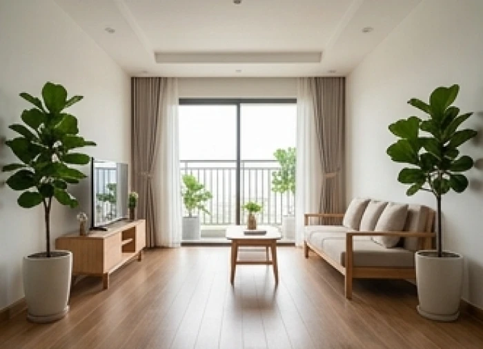 Phòng khách lát sàn gỗ tự nhiên kết hợp chậu cây phong thủy xanh mát giúp dung hòa năng lượng Lưỡng Thủy