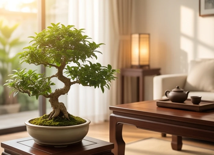 Chậu cây xanh phong thủy tươi tốt đặt tại phòng khách có nội thất bằng gỗ giúp cân bằng năng lượng ngũ hành