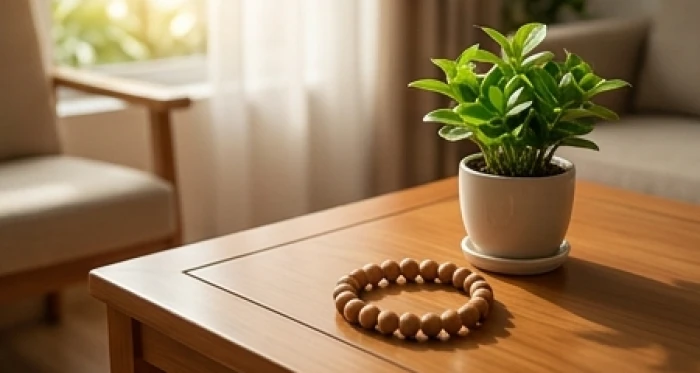 Chậu cây xanh nhỏ tươi tốt đặt trên bàn trà phòng khách kèm vòng tay gỗ tự nhiên điều hòa năng lượng