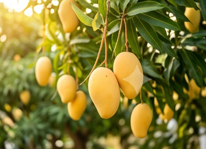 Những trái xoài chín vàng ươm treo lủng lẳng trên cành lá xanh mướt của cây xoài lớn trồng ngoài sân