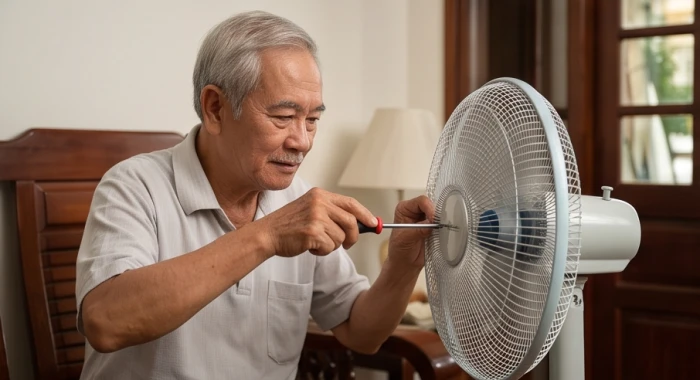 Người cha già cẩn thận dùng tuốc nơ vít sửa lại chiếc quạt máy hỏng cho gia đình