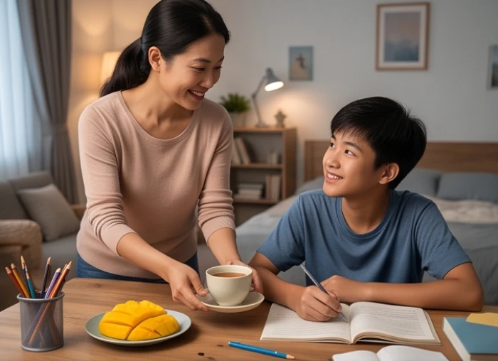 Mẹ mang ly nước ấm và trái cây cho con nghỉ giữa giờ trong những buổi tối ôn thi căng thẳng
