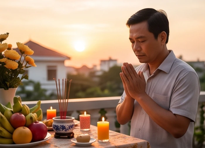 Phụ huynh chắp tay thành tâm khấn vái trước mâm cúng sao Kế Đô cầu bình an cho con trai thi cử