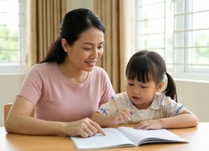 Phụ huynh đang ân cần trò chuyện và hướng dẫn con chọn nhóm bạn học phù hợp tại không gian phòng khách