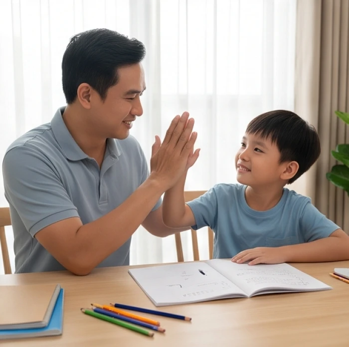 Người cha kiên nhẫn giảng bài và mỉm cười khen ngợi con trai làm bài tốt tạo không khí học tập tích cực