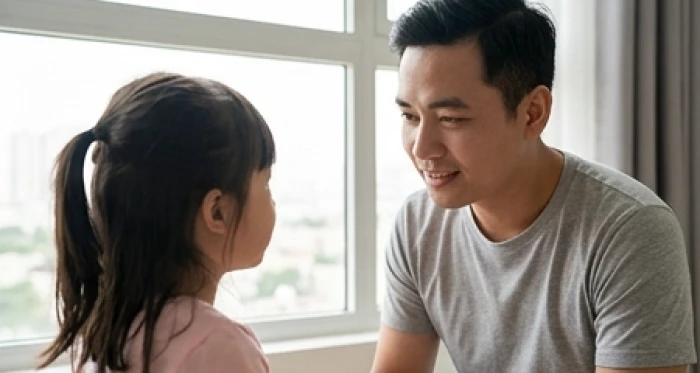 Người cha nói chuyện nhẹ nhàng, kiên nhẫn giải thích cho con gái Quý Mão hiểu vấn đề