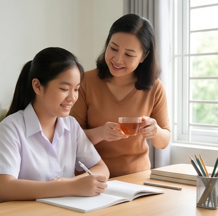 Người mẹ dịu dàng ân cần động viên con gái Canh Dần ôn thi chuyển cấp tại phòng học ấm cúng tại nhà