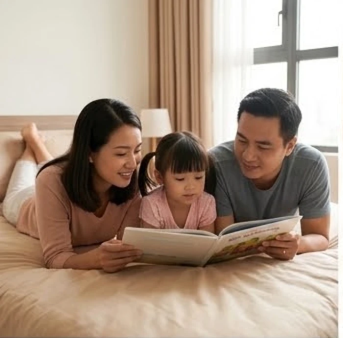 Bố mẹ đang cùng con cái sinh năm 2019 đọc sách trong không gian phòng ngủ với ánh sáng tự nhiên