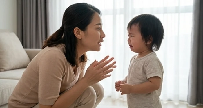Người mẹ ngồi xuống ngang tầm mắt trò chuyện nhẹ nhàng với con khi trẻ đang khóc ăn vạ