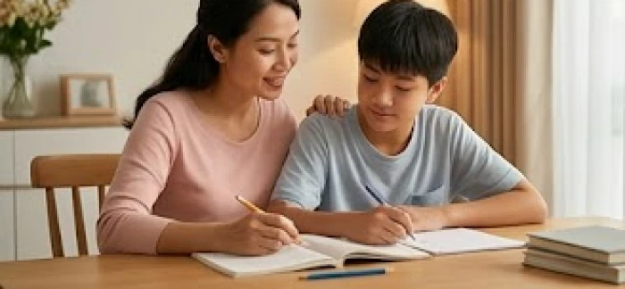 Người mẹ dịu dàng hướng dẫn con trai làm bài tập về nhà trong bầu không khí gia đình đầm ấm
