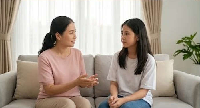 Người mẹ ôn hòa lắng nghe và chia sẻ cùng con tuổi Canh Dần tại phòng khách tạo không gian thấu cảm gia đình