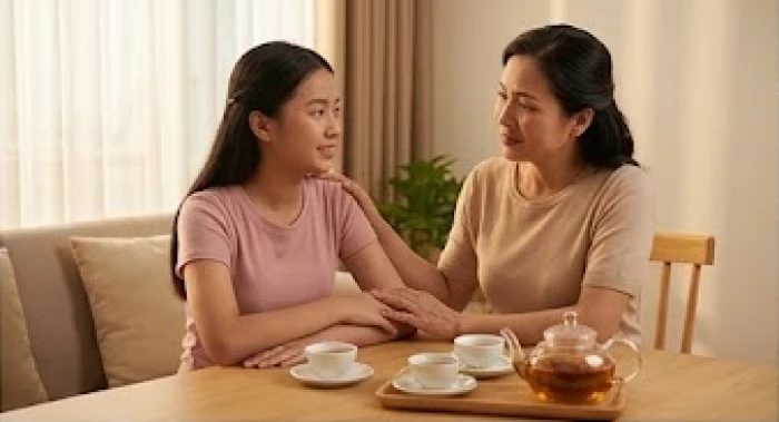 Người mẹ ân cần trò chuyện và chia sẻ cùng con gái tuổi Tân Mão tại bàn trà phòng khách