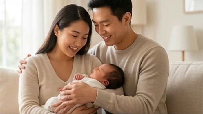 Gia đình nhỏ hạnh phúc bên nhau thể hiện sự hòa hợp năng lượng giữa cha mẹ và em bé sinh năm Ất Tỵ