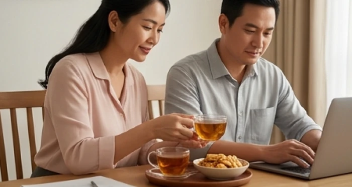Người vợ cẩn thận mang ly trà ấm và món ăn nhẹ đến bàn làm việc để chăm sóc người bạn đời tuổi Sửu