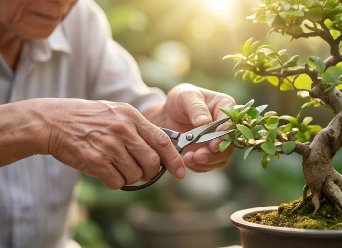 Bàn tay người cao tuổi đang tỉ mỉ cắt tỉa chậu cây bonsai trong vườn nhà vào buổi sáng sớm