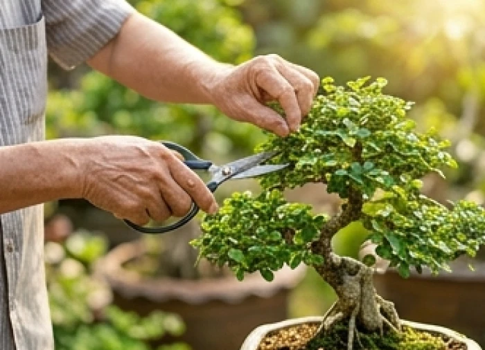 Bàn tay người lớn tuổi đang tỉ mỉ dùng kéo cắt tỉa lá cho chậu bonsai xanh tươi trong khu vườn nhỏ ngập tràn ánh sáng