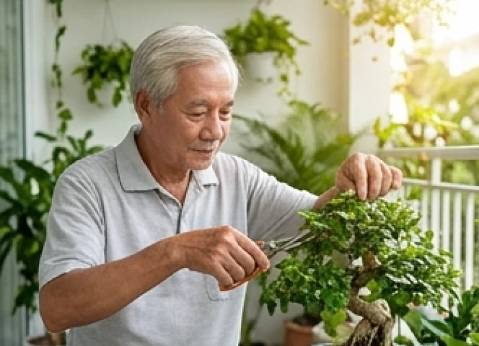 Cụ ông thư thái cắt tỉa chậu cây bonsai xanh tươi ngoài ban công giúp giải phóng năng lượng nóng bức