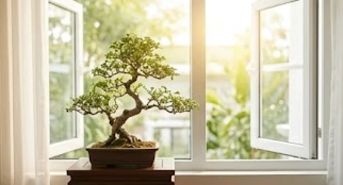 Không gian ban công ngập ánh sáng với chậu bonsai xanh mát giúp gia chủ dưỡng tâm