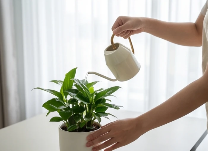 Người trồng tưới lượng nước vừa đủ cho chậu cây cảnh để bàn bên cạnh bình xịt phun sương trong phòng máy lạnh