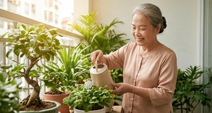 Người phụ nữ Kỷ Sửu tuổi 78 vui vẻ chăm sóc chậu cây xanh hành Mộc tại ban công thoáng mát