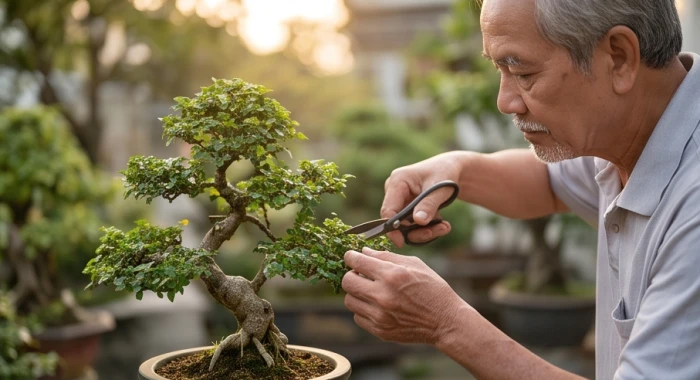 Người đàn ông cao tuổi tỉ mỉ dùng kéo cắt tỉa chậu bonsai nhỏ trong một buổi sáng yên tĩnh