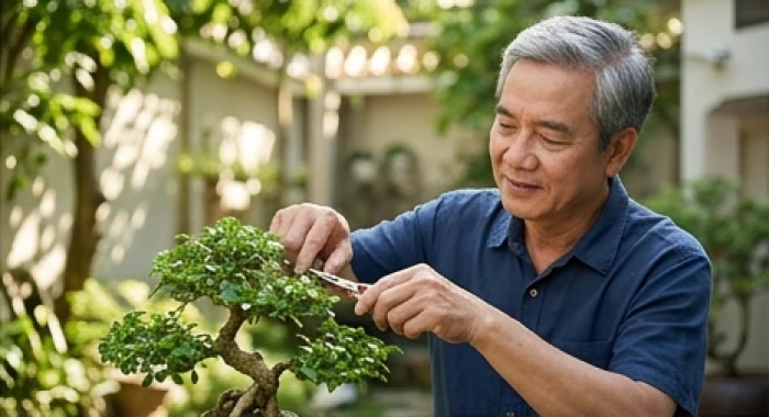 Người đàn ông cao tuổi tỉ mỉ chăm sóc chậu bonsai bồng lai trong sân vườn ngập tràn ánh nắng